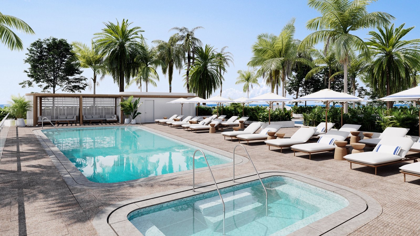- Casamar Pompano Beach Casamar, Pompano Beach — espacio de amenidades de terraza de alberca al aire libre en el tercer nivel, render del desarrollador
