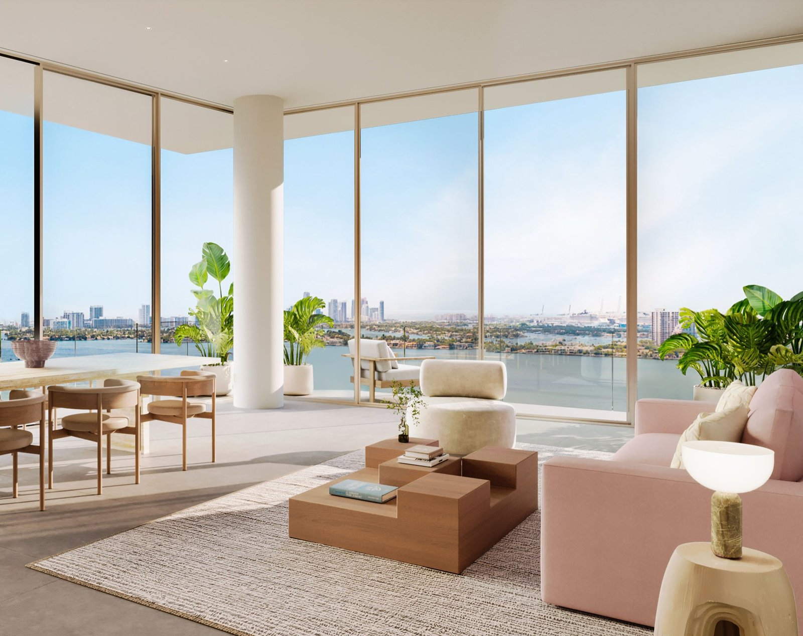 The Cove Residences, Edgewater Miami — lounge interior with bay view, developer rendering