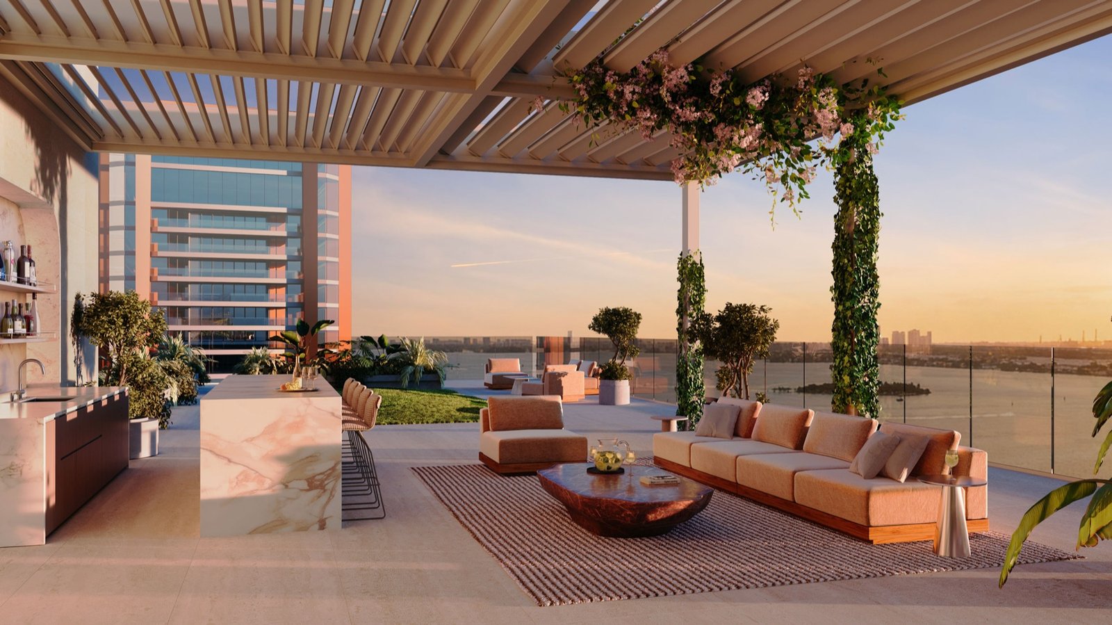 The Cove Residences, Edgewater Miami — outdoor terrace lounge at sunset, developer rendering