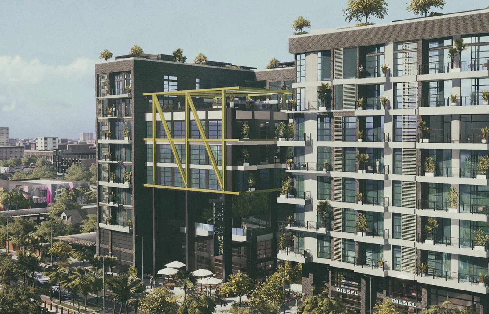 - Diesel Wynwood Diesel Wynwood, Miami — vista aérea exterior del edificio con la señalización de Diesel en planta baja, render del desarrollador
