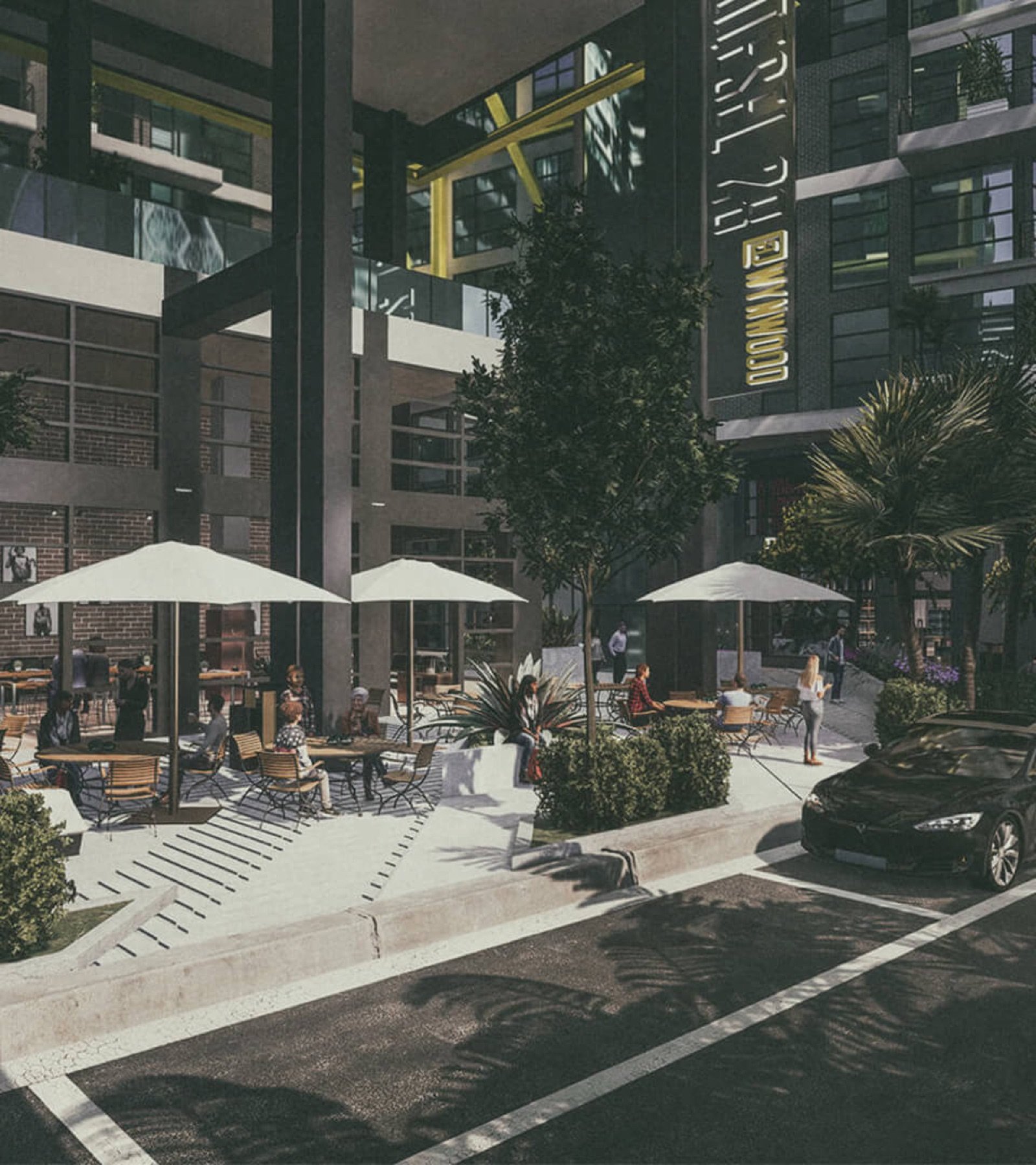 - Diesel Wynwood Diesel Wynwood, Miami — patio en planta baja con asientos al aire libre y mesas de café, render del desarrollador