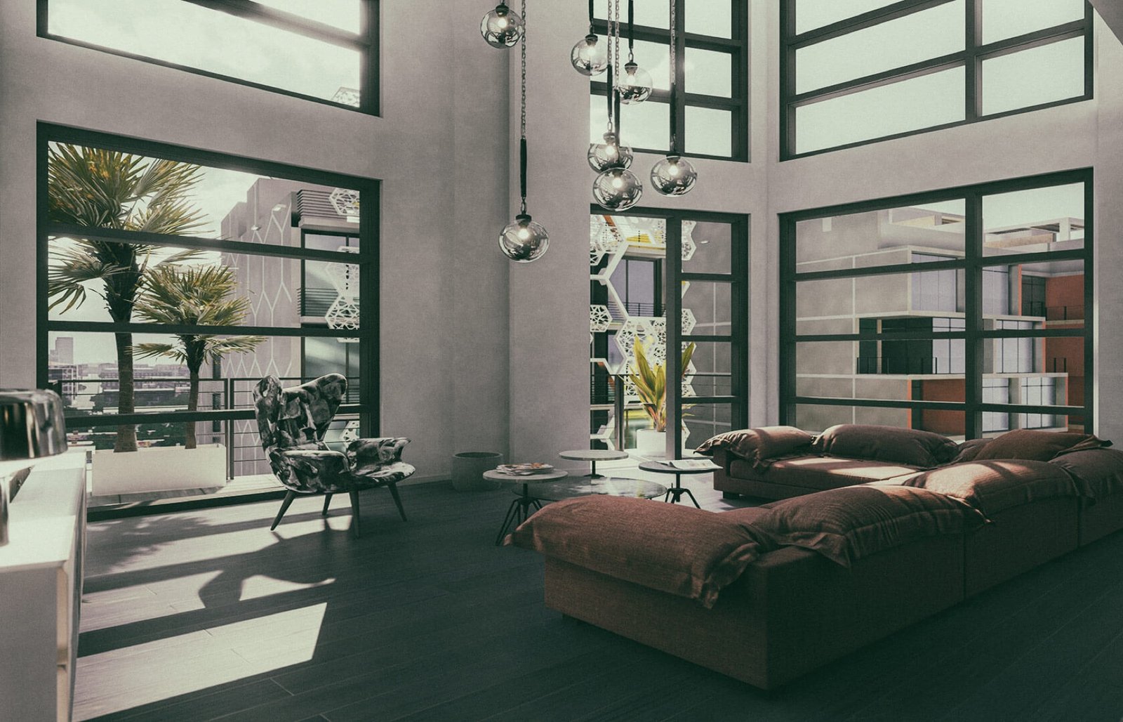- Diesel Wynwood Diesel Wynwood, Miami — sala de una residencia de doble altura con balcón y vista del edificio, render del desarrollador