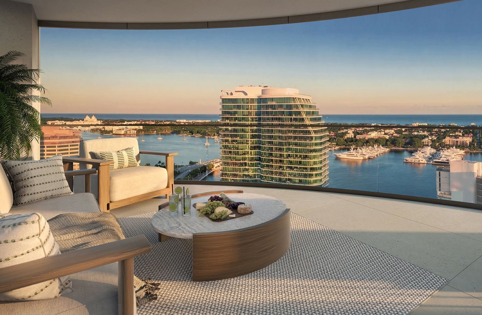 - Edgeworth West Palm Beach Edgeworth, West Palm Beach — terraza de una residencia al atardecer con vista sobre el Intracoastal Waterway hacia el Atlántico, render del desarrollador