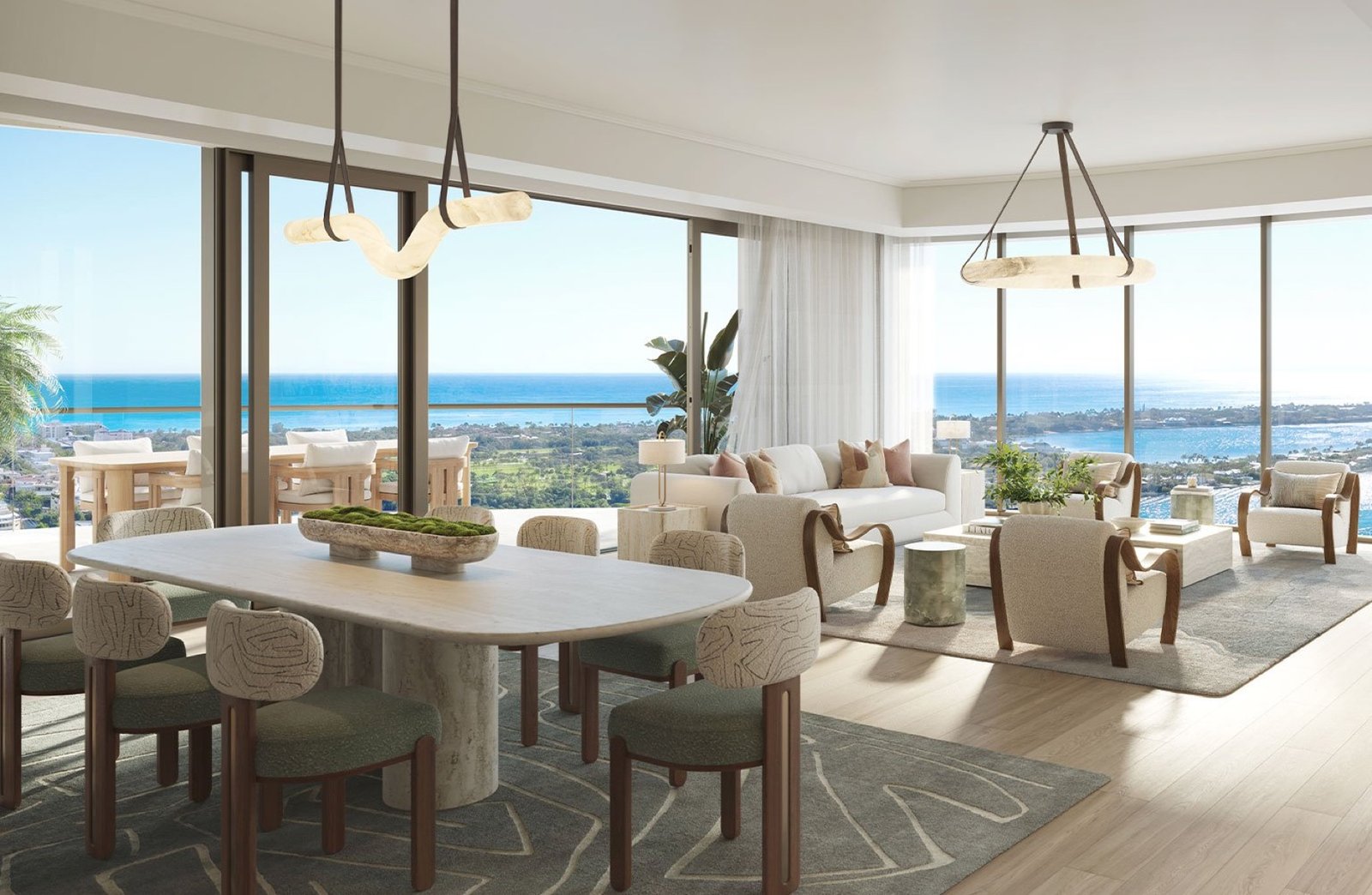 - Edgeworth West Palm Beach Edgeworth, West Palm Beach — gran sala y comedor de una residencia con vista al océano, render del desarrollador