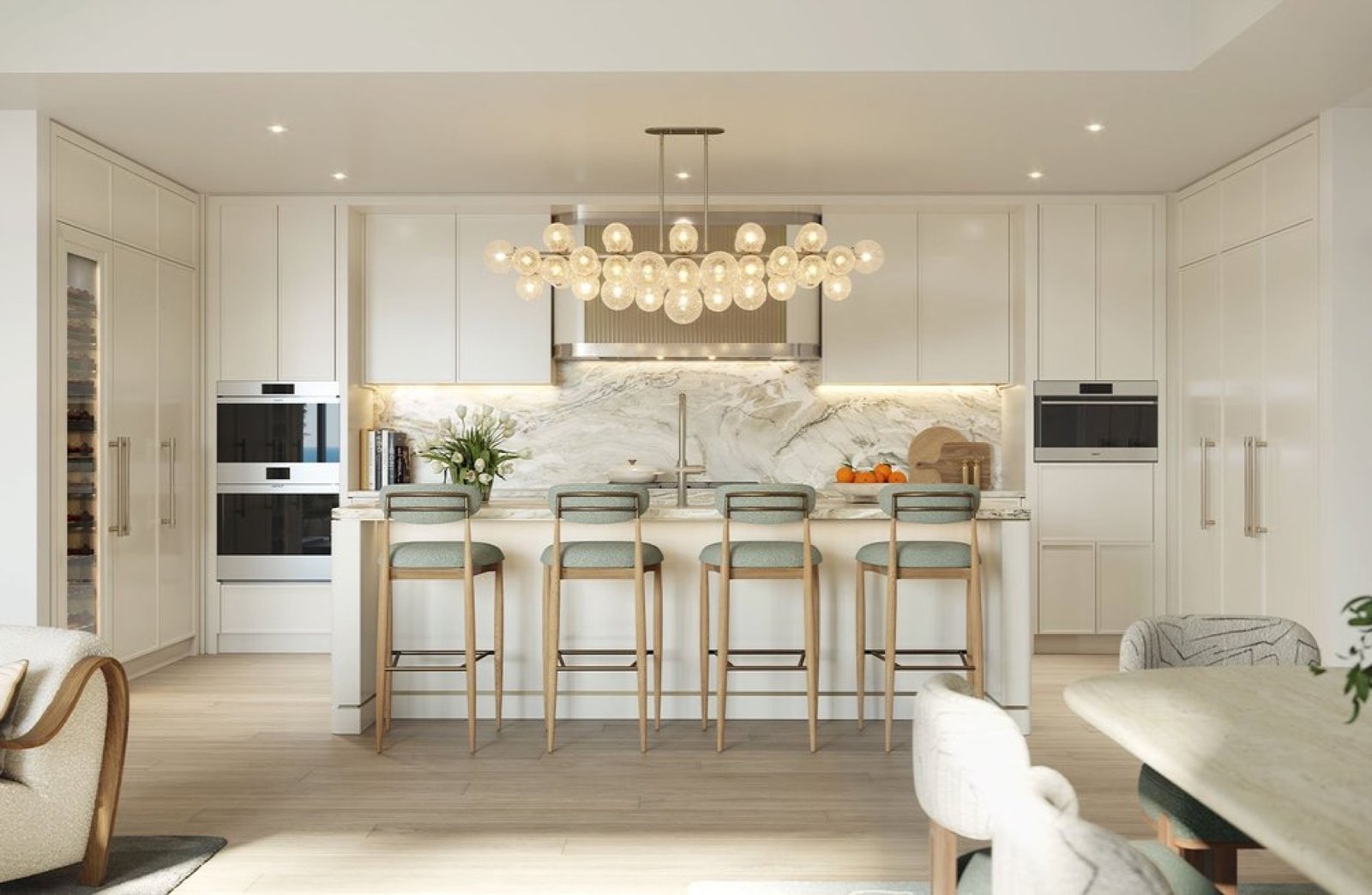 - Edgeworth West Palm Beach Edgeworth, West Palm Beach — cocina de una residencia en la paleta de acabados Jasmine, render del desarrollador