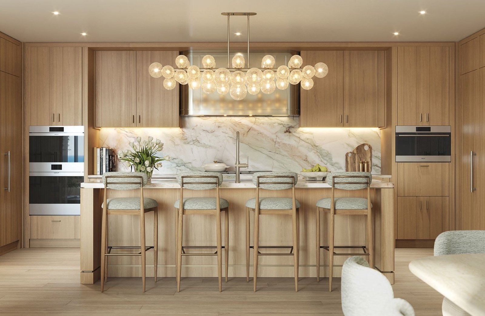 - Edgeworth West Palm Beach Edgeworth, West Palm Beach — cocina de una residencia en la paleta de acabados Hibiscus, render del desarrollador