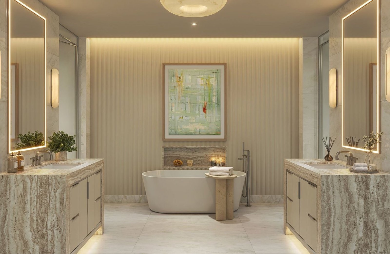 - Edgeworth West Palm Beach Edgeworth, West Palm Beach — baño principal en la paleta de acabados Jasmine, render del desarrollador