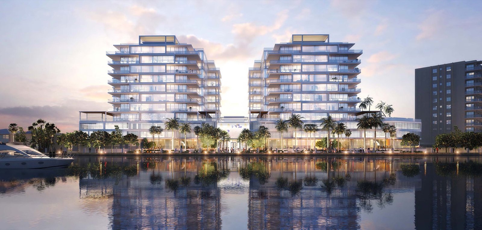 EDITION Residences Fort Lauderdale, 551 Bayshore Drive — torres gemelas vistas al otro lado de la vía navegable al atardecer, render del desarrollador