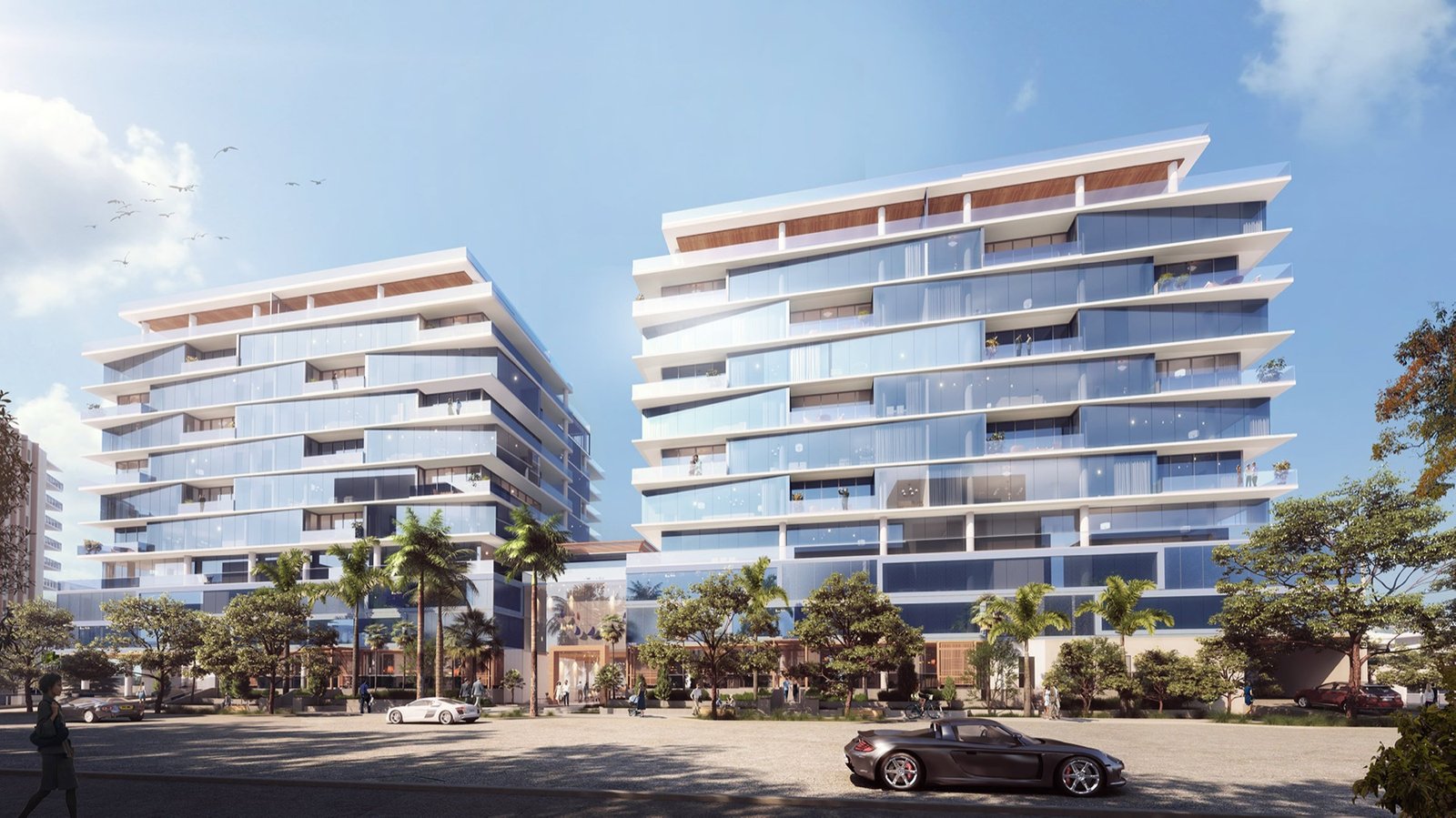 EDITION Residences Fort Lauderdale — exterior a nivel de calle de las dos torres conectadas, render del desarrollador