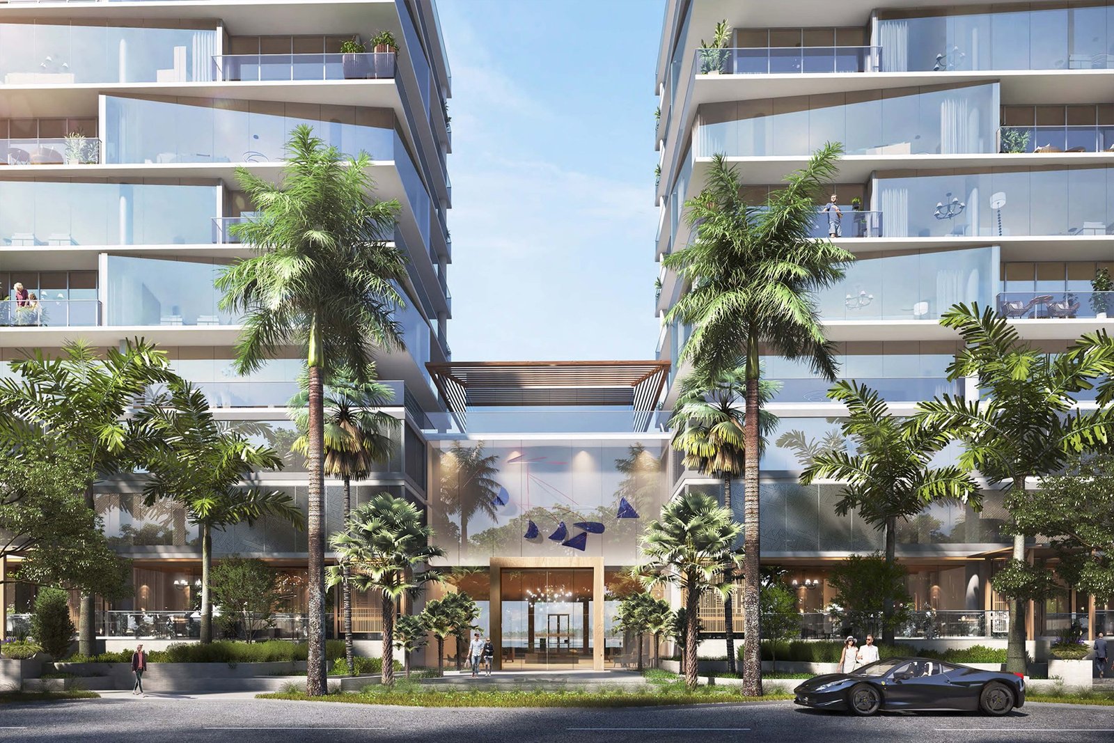 EDITION Residences Fort Lauderdale — acceso principal entre las torres con acristalamiento del lobby, render del desarrollador