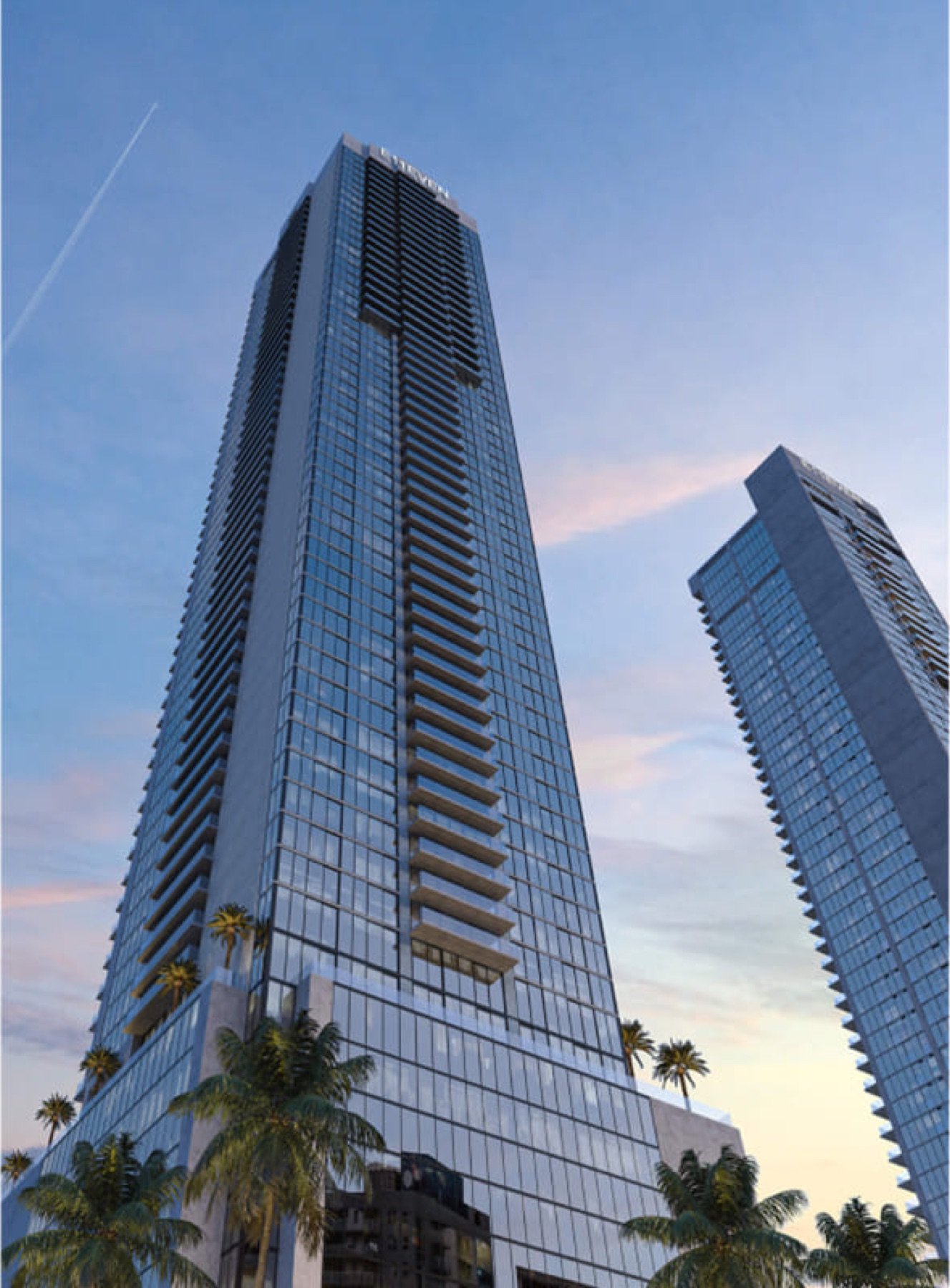 - E11even Residences Beyond Miami E11EVEN Residences Beyond, Park West Miami — vista exterior de la torre al atardecer, render del desarrollador
