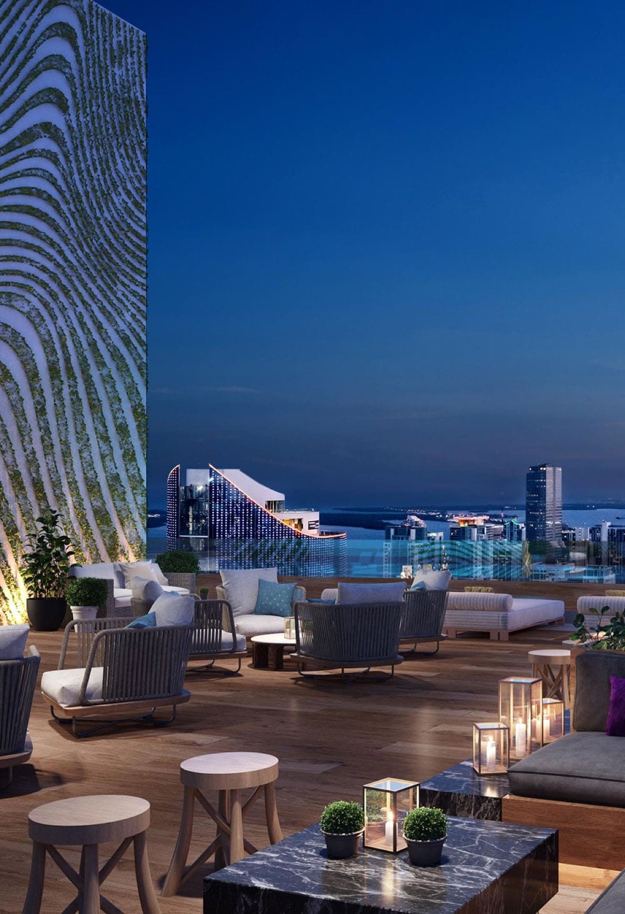 - E11even Residences Beyond Miami E11EVEN Residences Beyond, Park West Miami — terraza lounge en la azotea con vista al horizonte de noche, render del desarrollador