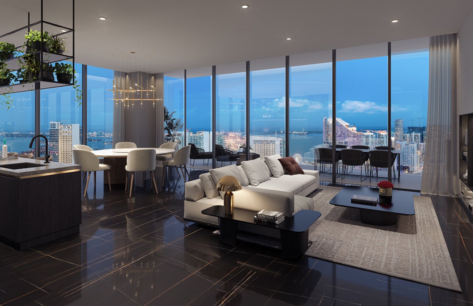 - E11even Residences Beyond Miami E11EVEN Residences Beyond, Park West Miami — sala principal y comedor de una residencia de noche, render del desarrollador