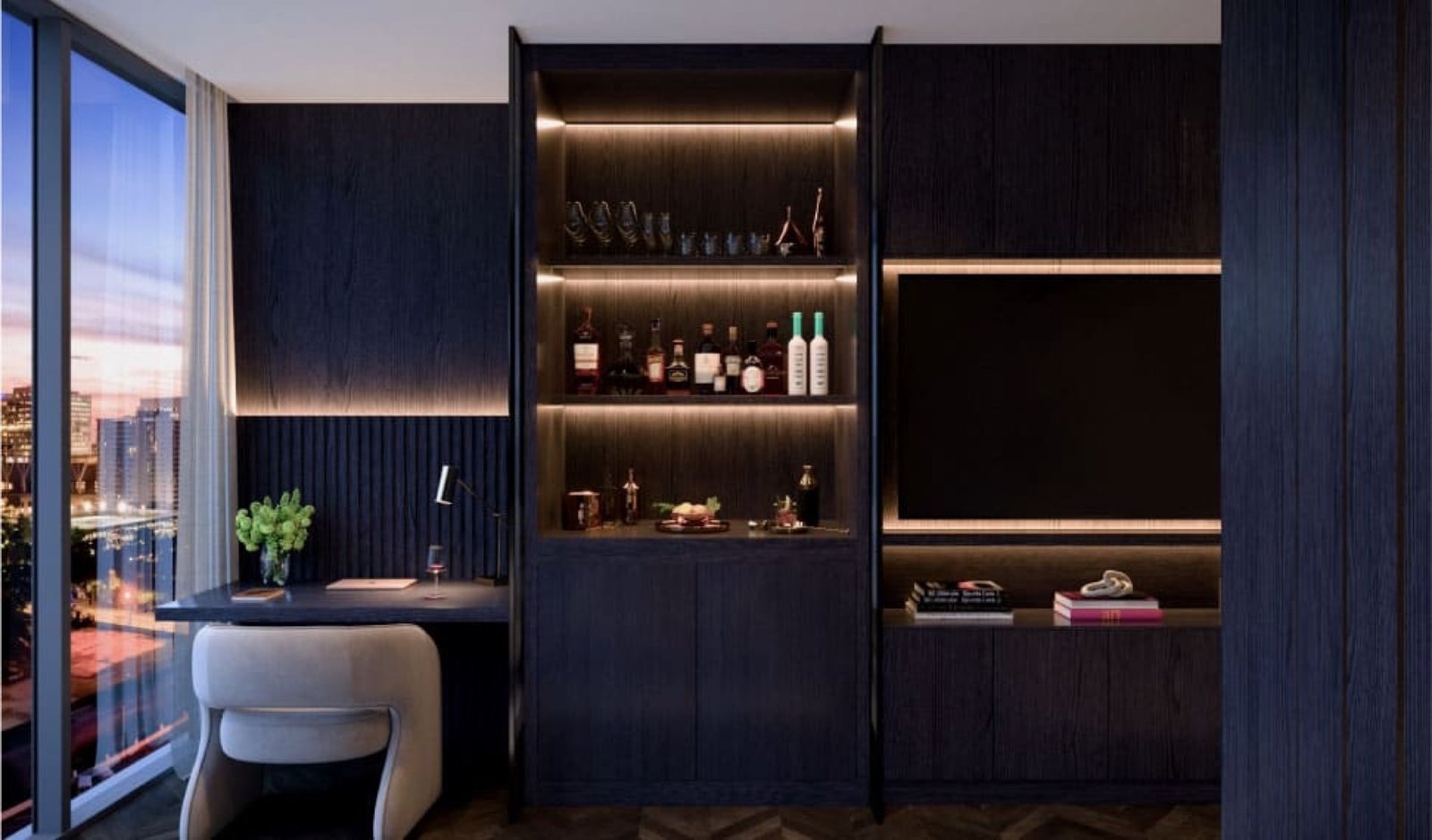 - E11even Residences Beyond Miami E11EVEN Residences Beyond, Park West Miami — rincón de medios y bar de una residencia, render del desarrollador