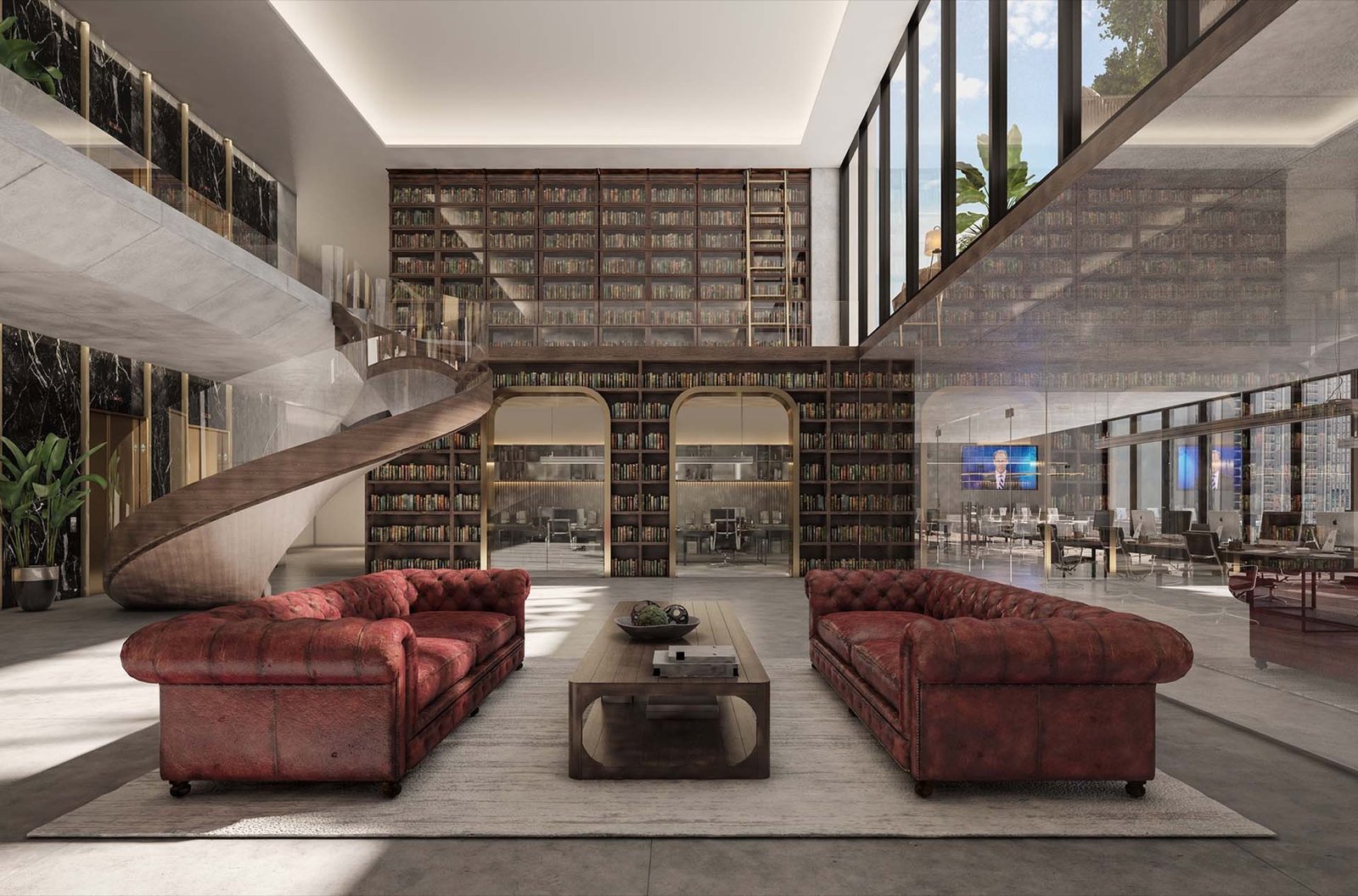 - E11even Residences Beyond Miami E11EVEN Residences Beyond, Park West Miami — lounge de biblioteca y espacio de coworking, render del desarrollador