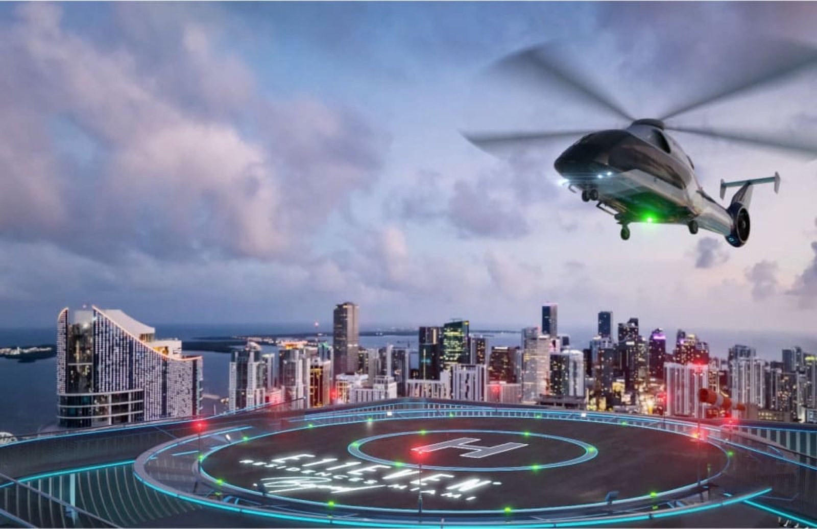 - E11even Residences Beyond Miami E11EVEN Residences Beyond, Park West Miami — helipuerto en la azotea sobre el horizonte de Miami, render del desarrollador