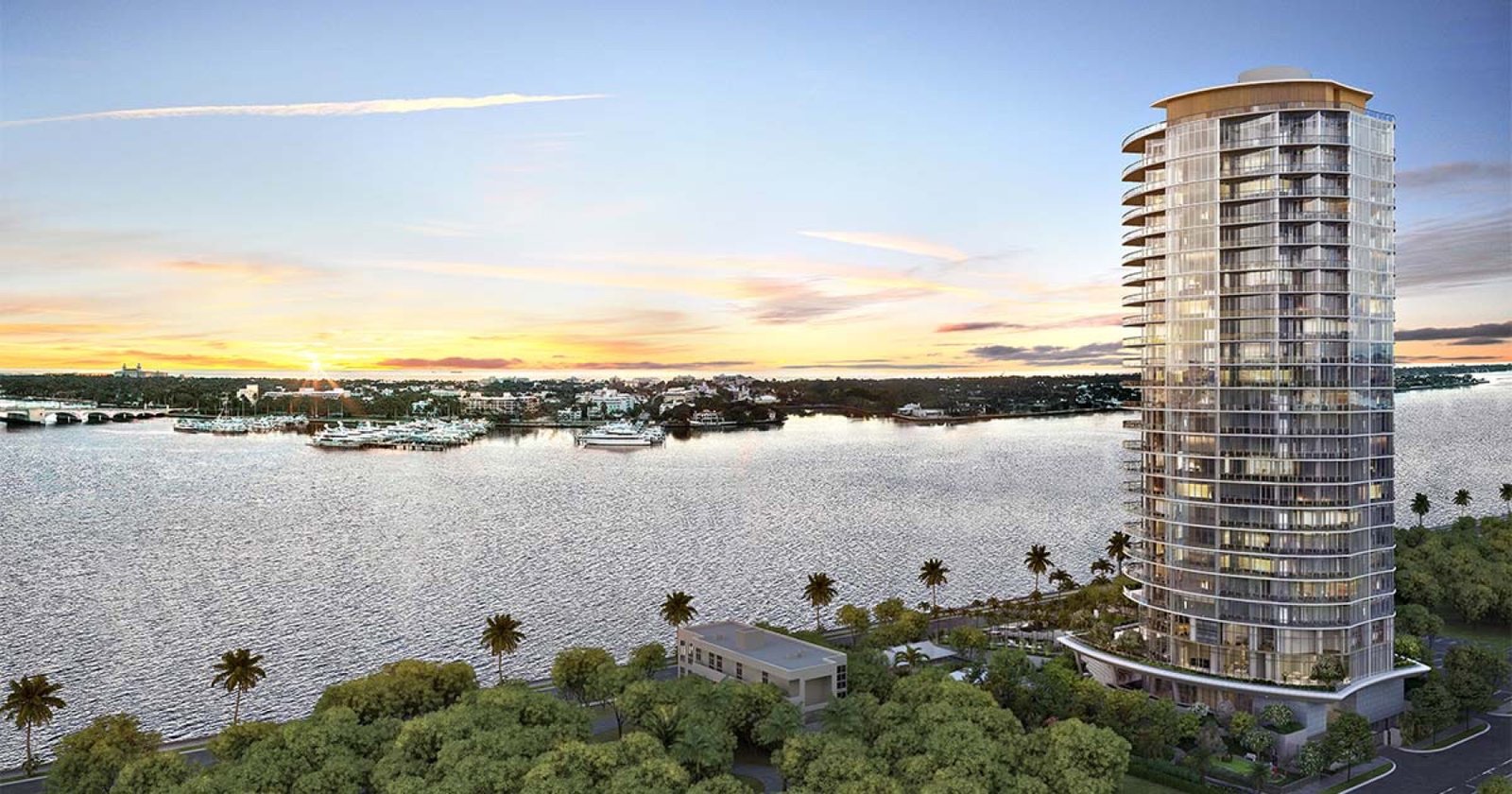 - Forte on Flagler Forte on Flagler, West Palm Beach — vista exterior aérea sobre el Intracoastal al atardecer, render del desarrollador