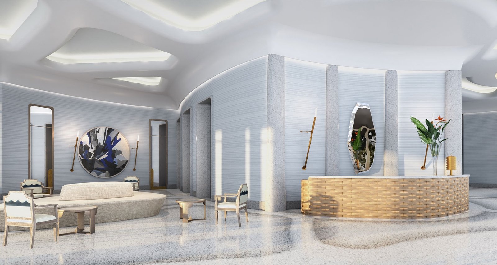 - Forte on Flagler Forte on Flagler, West Palm Beach — gran lobby con mostrador de recepción, render del desarrollador