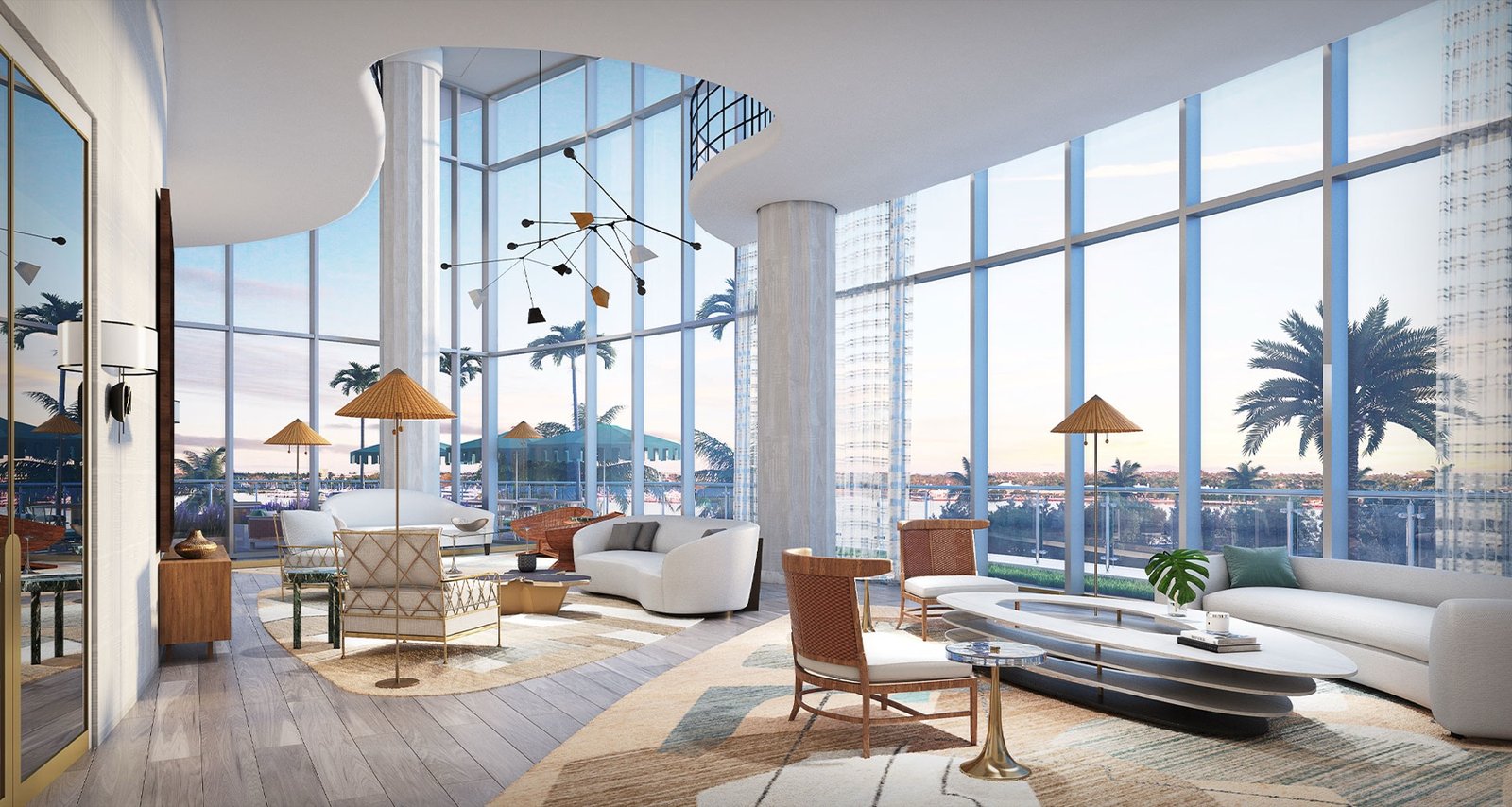 - Forte on Flagler Forte on Flagler, West Palm Beach — interior del lounge de residentes y la sala principal, render del desarrollador