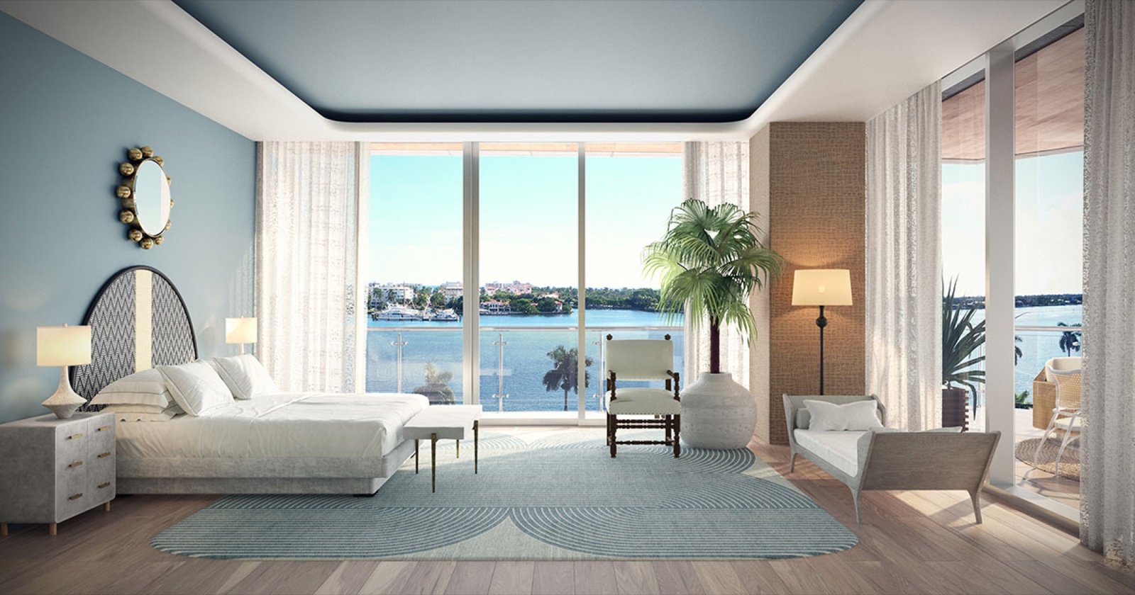 - Forte on Flagler Forte on Flagler, West Palm Beach — recámara con vista al agua del Intracoastal, render del desarrollador