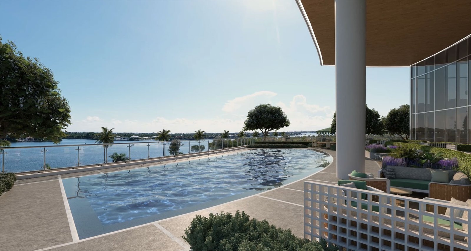- Forte on Flagler Forte on Flagler, West Palm Beach — terraza de alberca con vista al Intracoastal, render del desarrollador