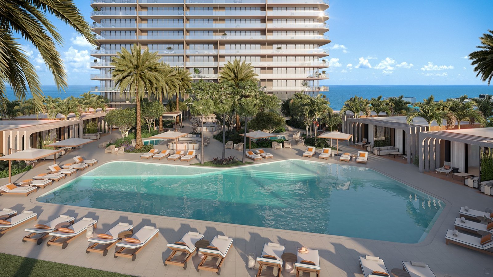 Icon Beach, Hollywood FL — terraza de la alberca y exterior de la torre con paisajismo de palmeras y el océano al fondo, render del desarrollador