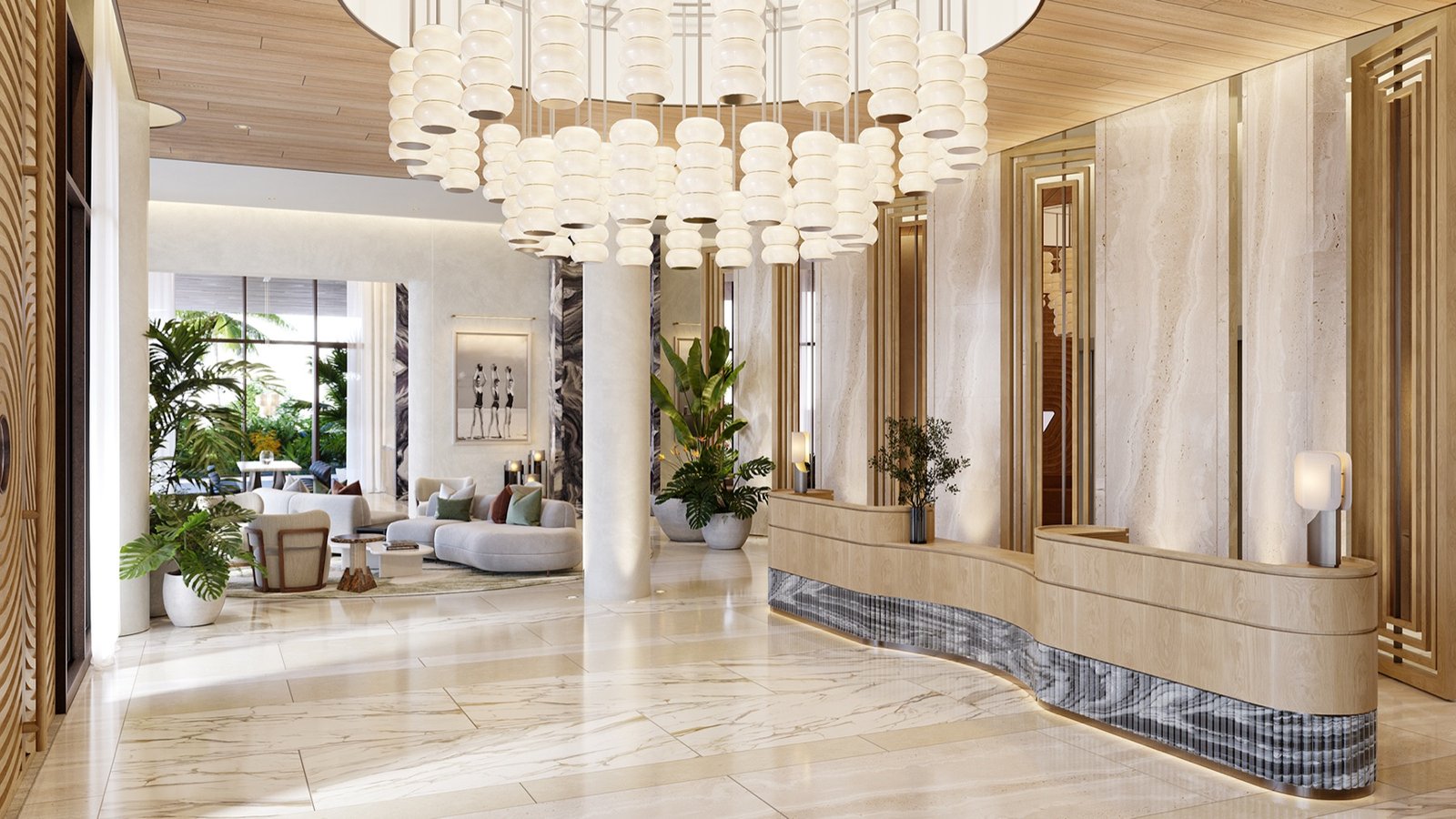 Icon Beach, Hollywood FL — lobby del edificio con candil colgante y mostrador de recepción, render del desarrollador