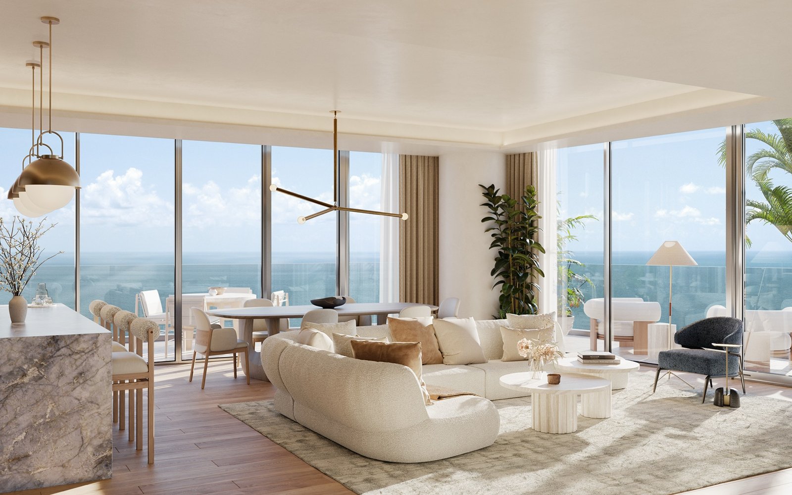 Icon Beach, Hollywood FL — sala y comedor de una residencia con ventanales de piso a techo con vista al océano, render del desarrollador
