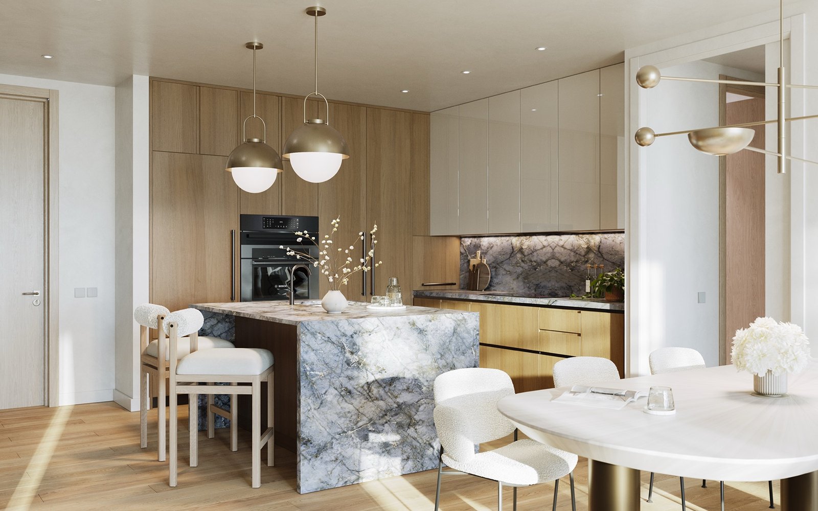 Icon Beach, Hollywood FL — cocina de una residencia con isla de losa veteada, gabinetes de madera e iluminación colgante de latón, render del desarrollador