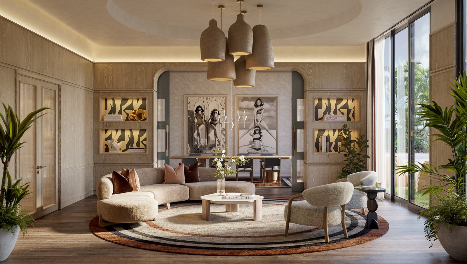Icon Beach, Hollywood FL — área de estar del lounge/biblioteca de amenidades con paneles de madera, render del desarrollador