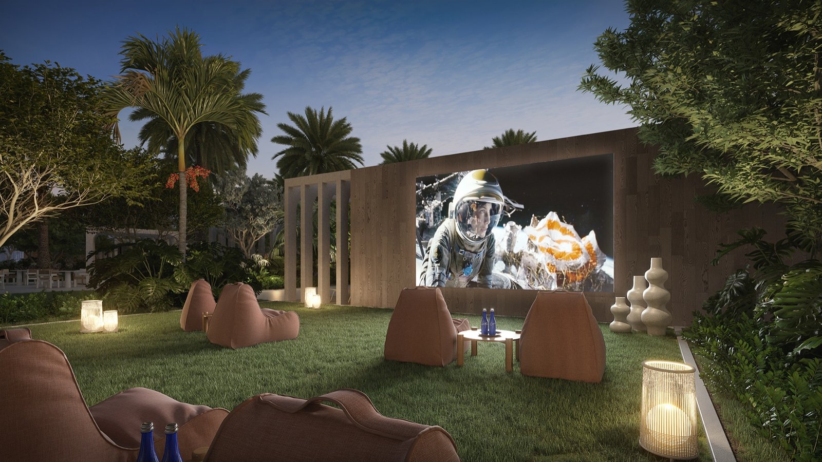Icon Beach, Hollywood FL — área de proyección de cine al aire libre sobre el césped al atardecer, render del desarrollador