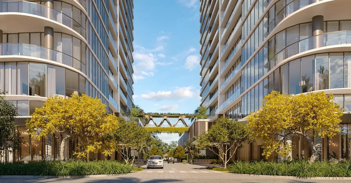 The amenity bridge linking the north and south towers at Kempinski Residences Miami Design District, developer rendering