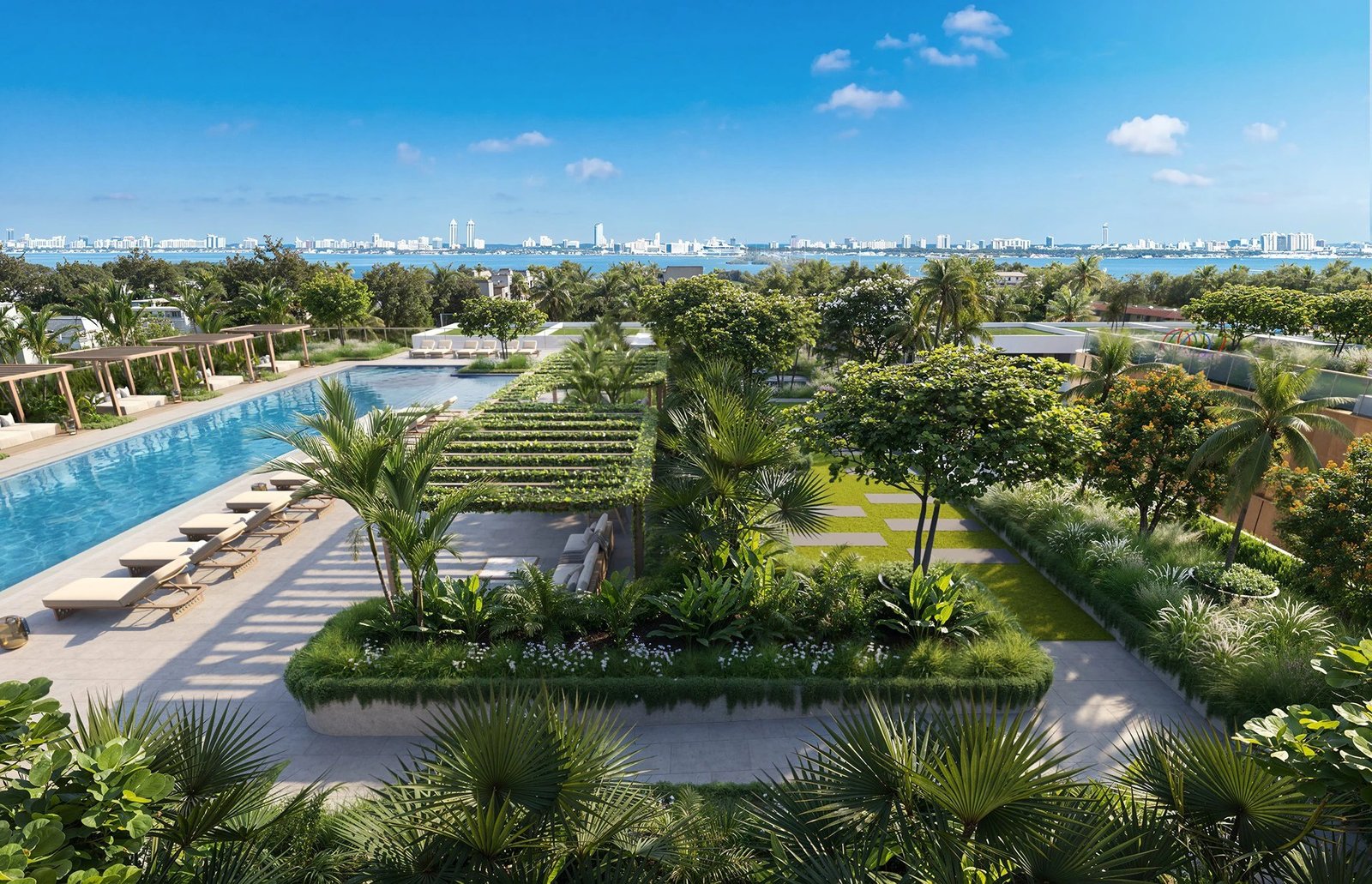 The amenity garden at Kempinski Residences Miami Design District, landscape by Enea, developer rendering