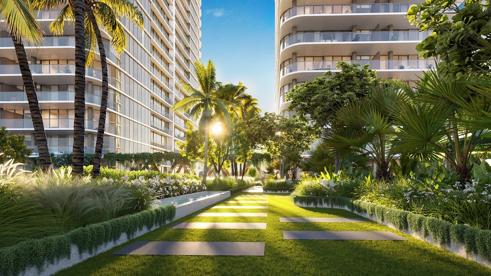 The landscaped lawn between the towers at Kempinski Residences Miami Design District, developer rendering