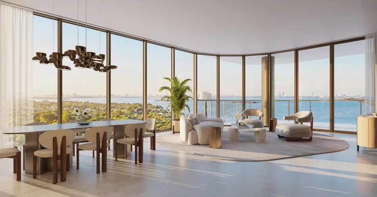 A great room at Kempinski Residences Miami Design District with Biscayne Bay views