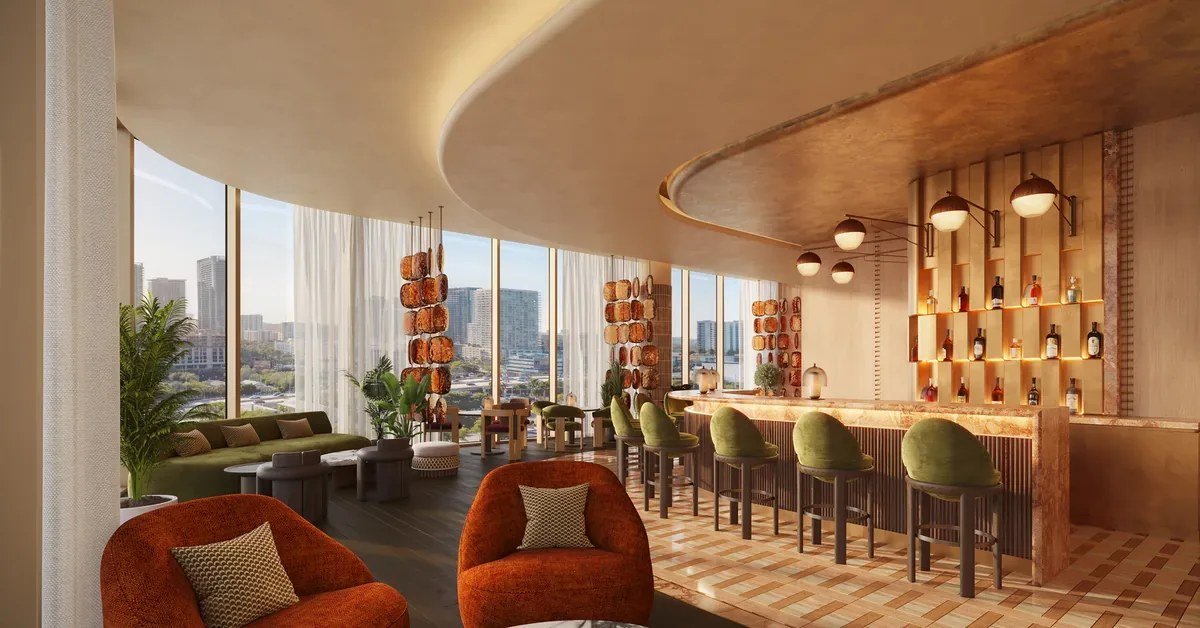 The residents lounge and bar at Kempinski Residences Miami Design District, developer rendering