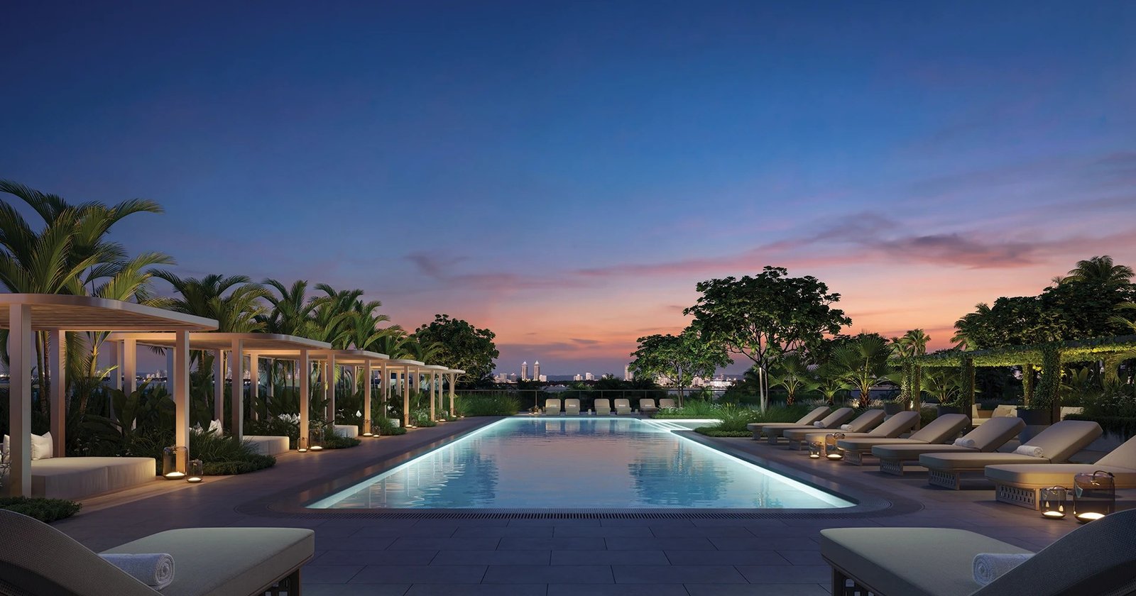 The north pool at Kempinski Residences Miami Design District at dusk, developer rendering