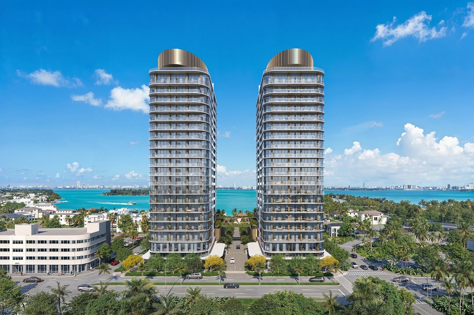 The two towers of Kempinski Residences Miami Design District seen from the east