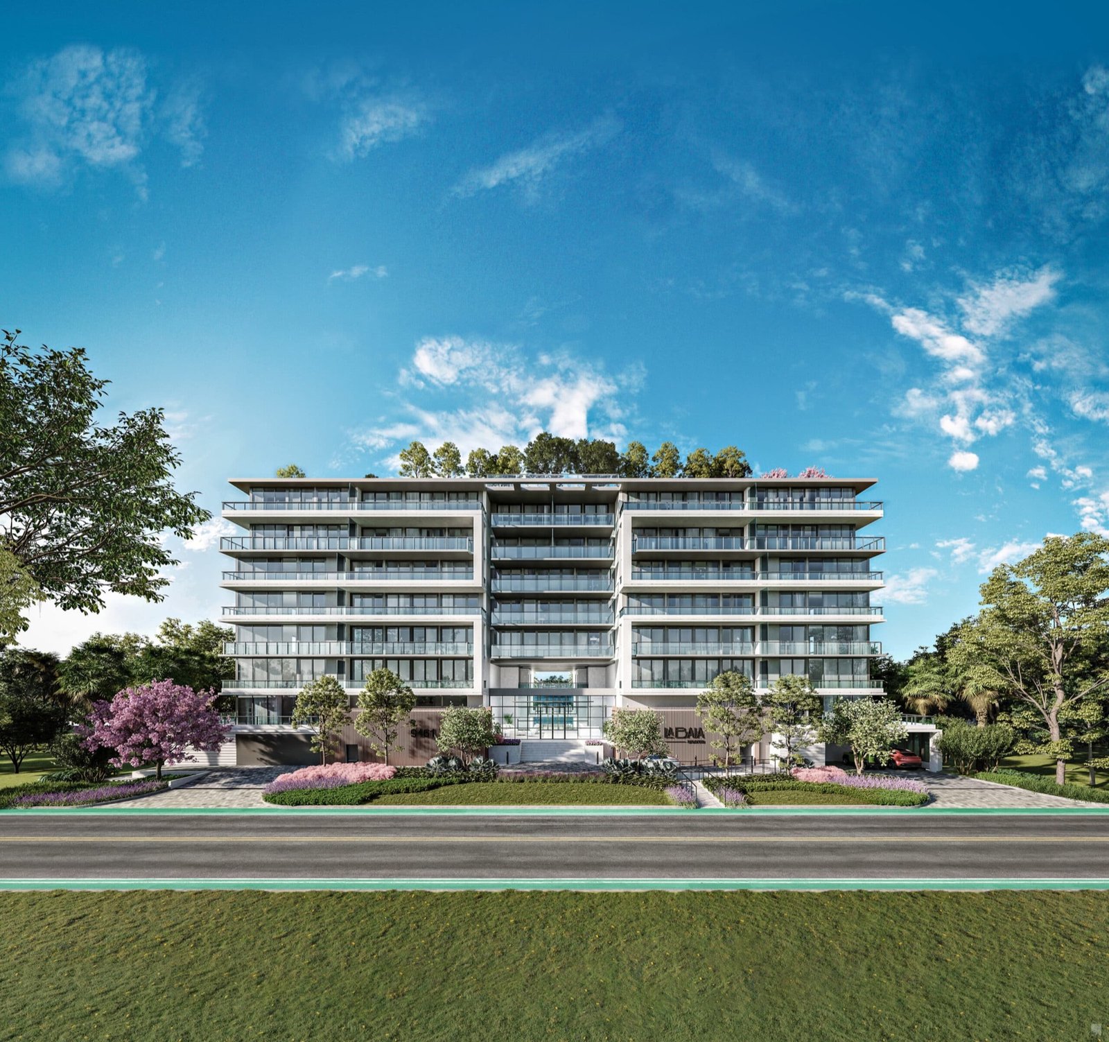 La Baia North, Bay Harbor Islands — exterior del edificio hacia la calle con letrero de entrada, render del desarrollador