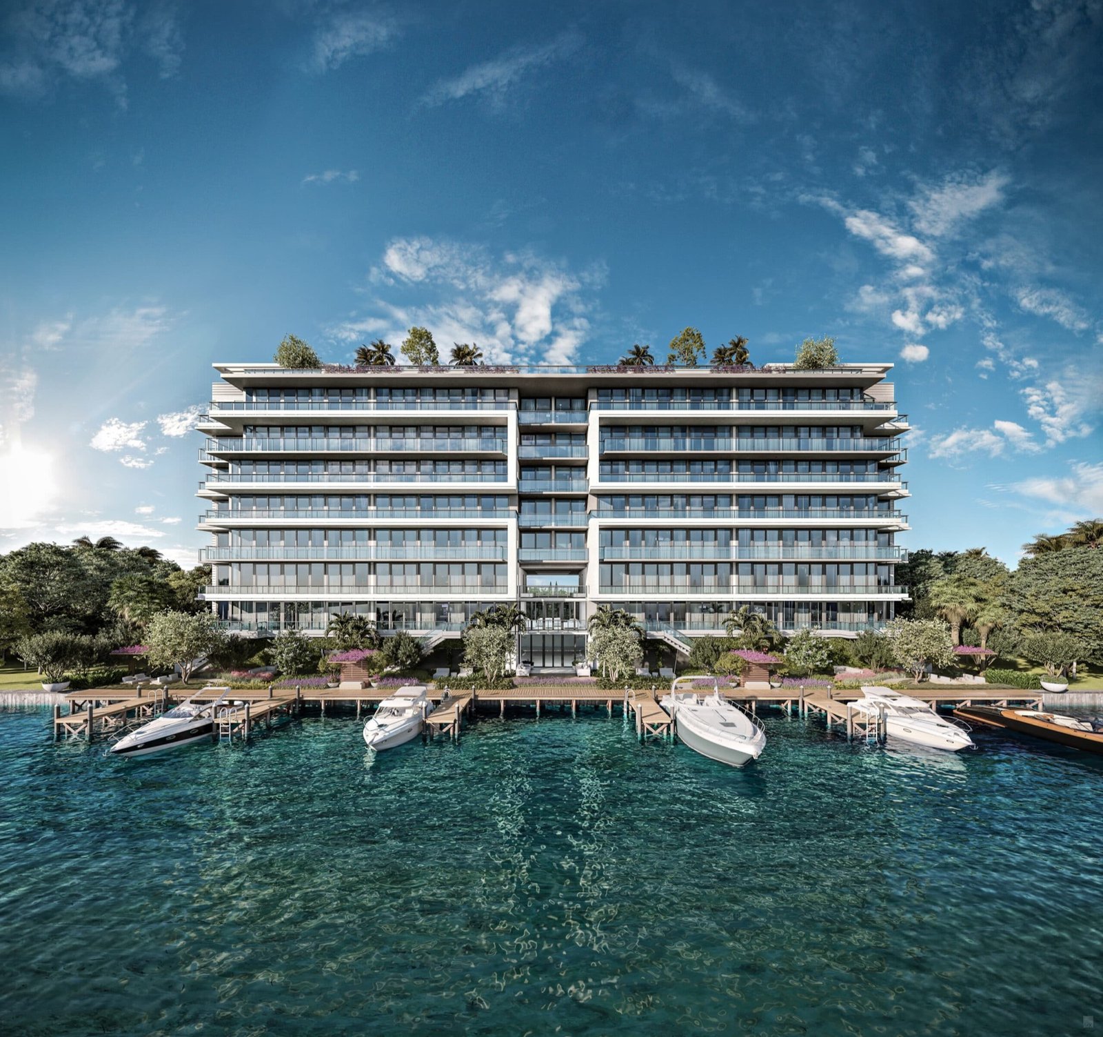 La Baia North, Bay Harbor Islands — exterior posterior frente al agua, render del desarrollador