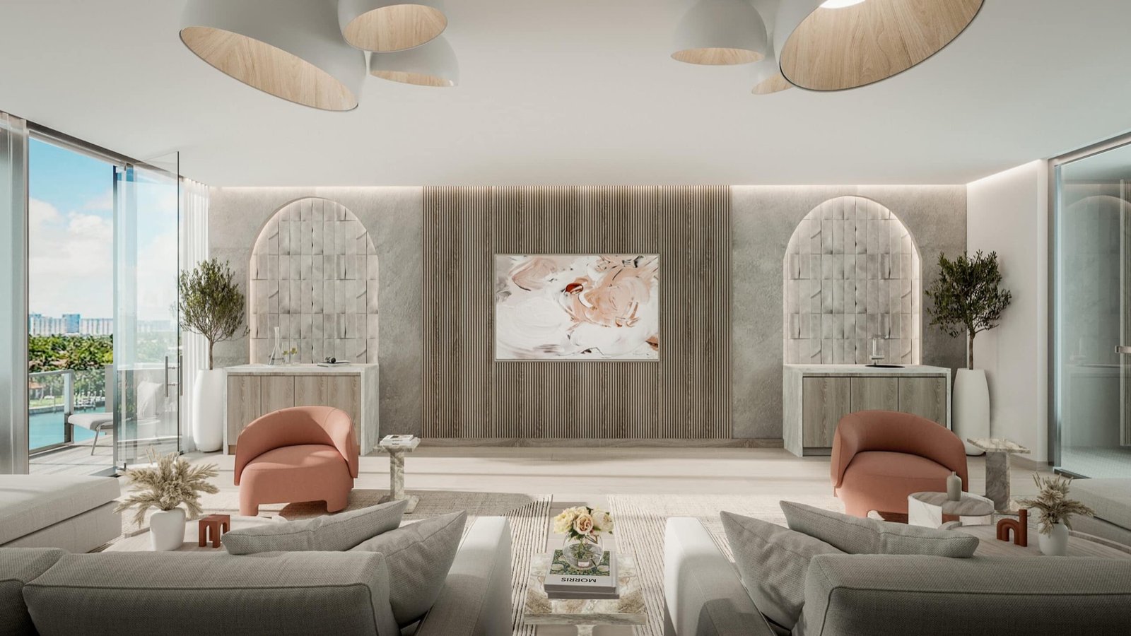 La Baia North, Bay Harbor Islands — salón interior con asientos y dos nichos con arco, render del desarrollador