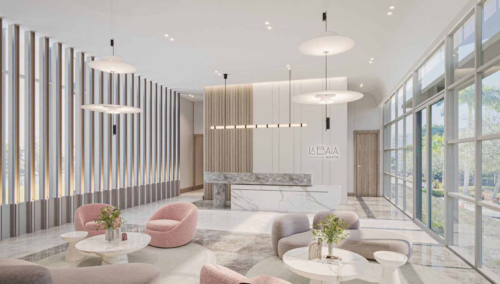 La Baia North, Bay Harbor Islands — interior del lobby, render del desarrollador