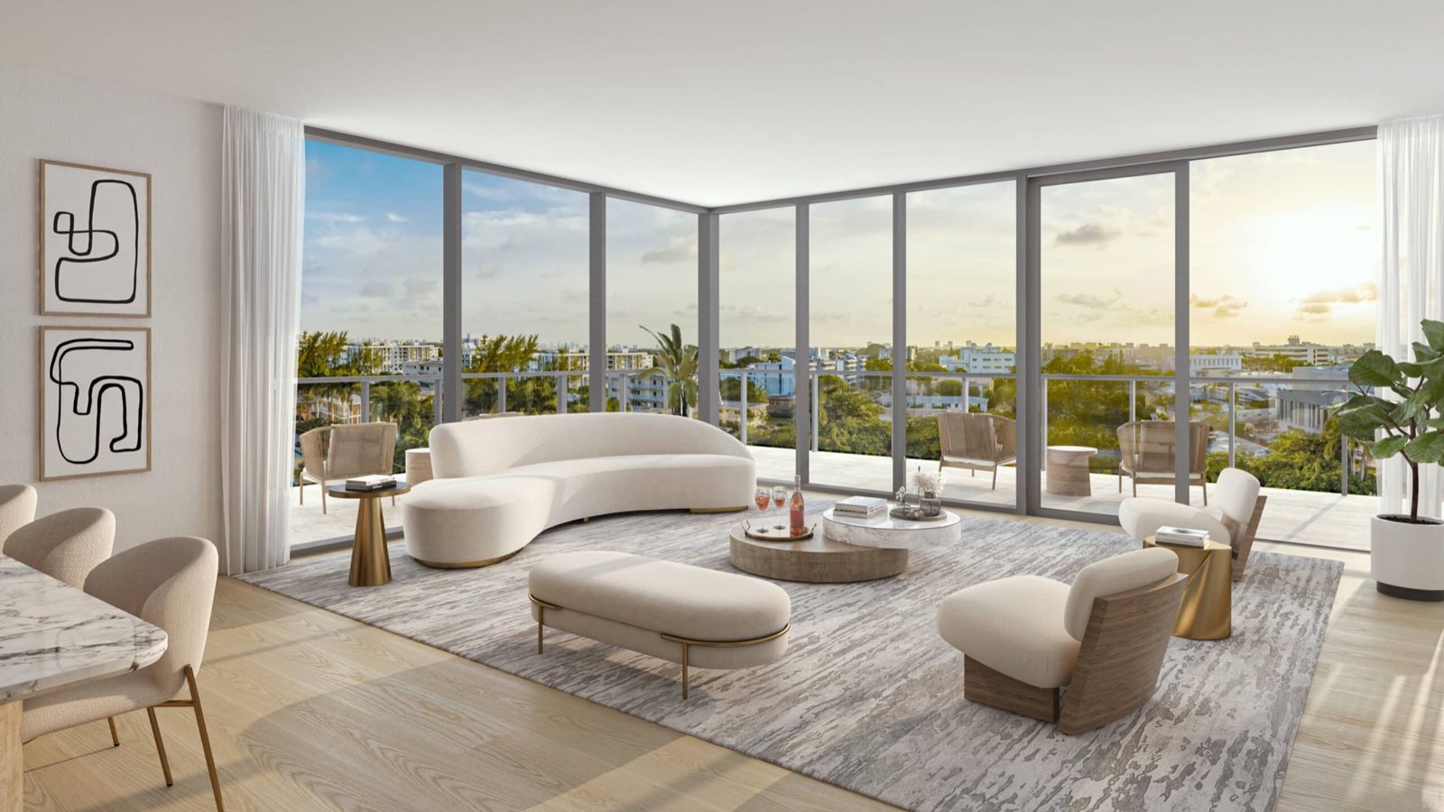 La Baia North, Bay Harbor Islands — sala de una residencia con terraza, render del desarrollador