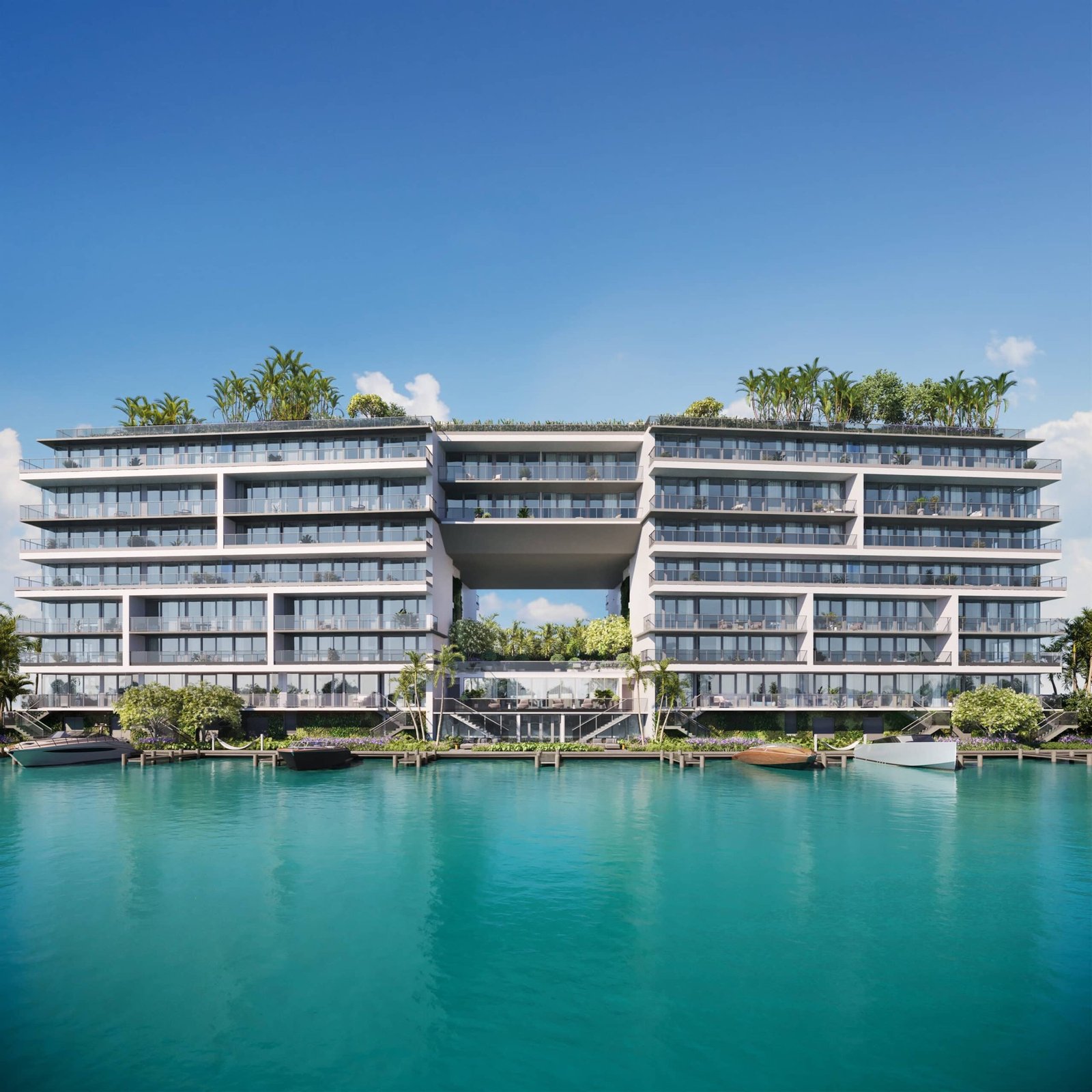 La Baia South, Bay Harbor Islands — exterior frente al agua con embarcaciones amarradas a lo largo del muelle, render del desarrollador