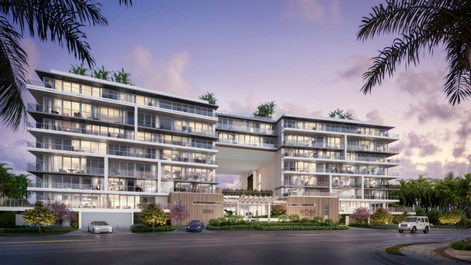La Baia South, Bay Harbor Islands — entrada al anochecer del lado de la calle en 9201, render del desarrollador