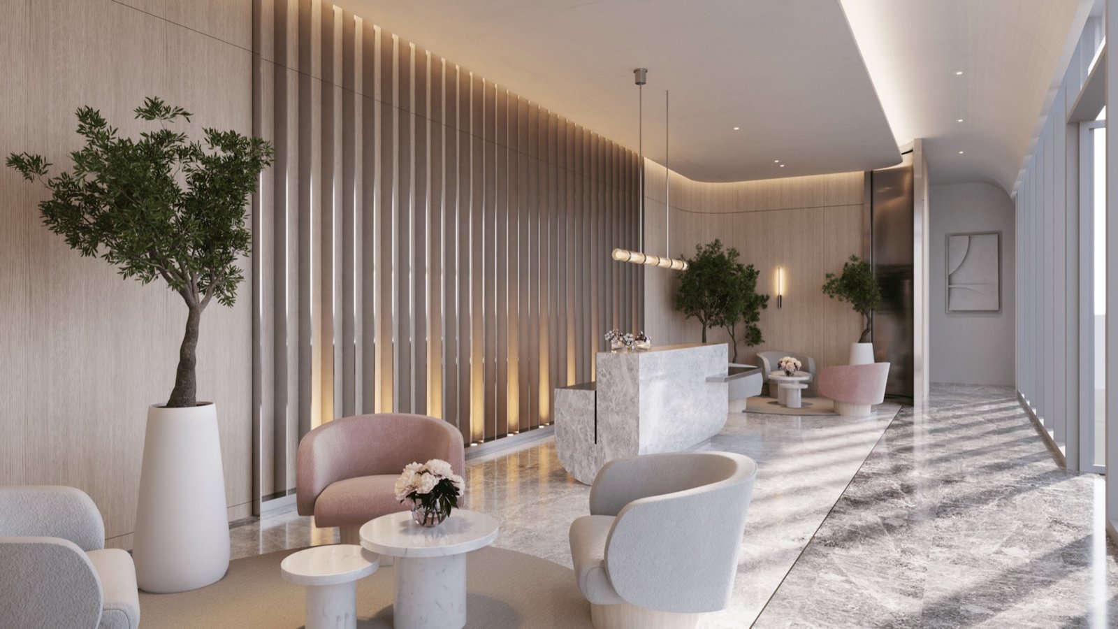 La Baia South, Bay Harbor Islands — área de asientos del lounge del lobby, render del desarrollador