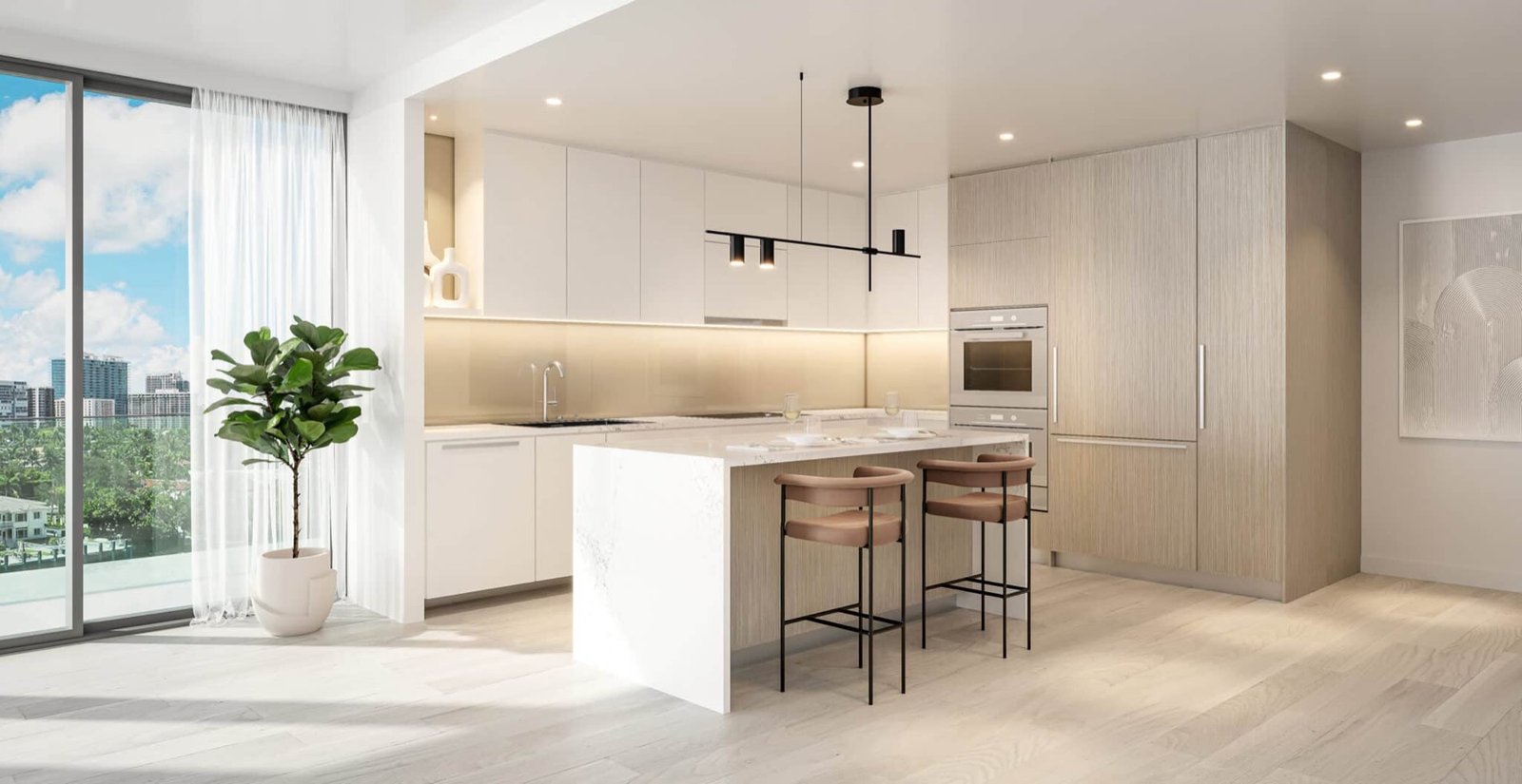 La Baia South, Bay Harbor Islands — cocina de una residencia con isla y ventanal de piso a techo, render del desarrollador