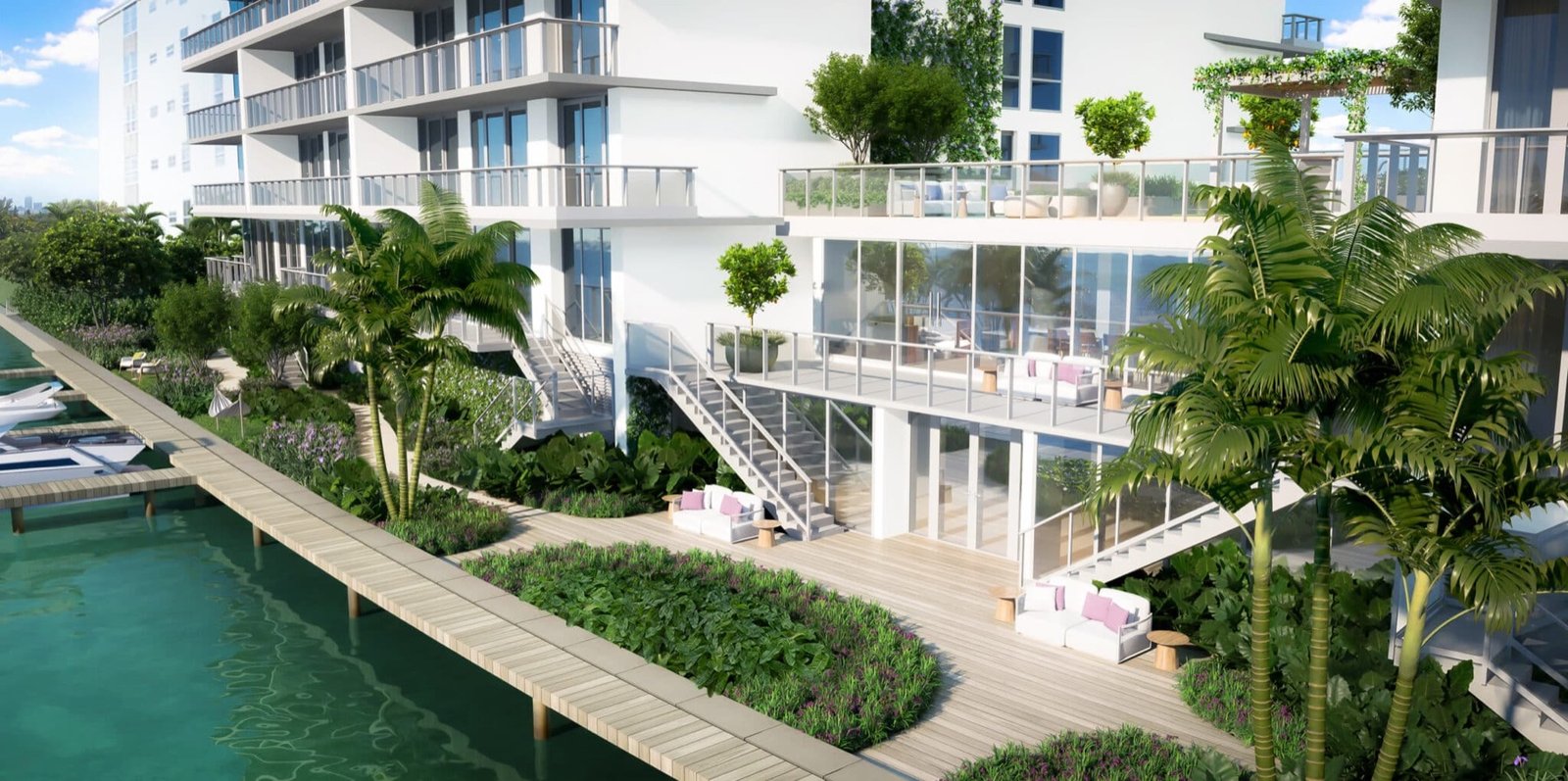 La Baia South, Bay Harbor Islands — pasarela junto al muelle, al lado de los amarres para embarcaciones, render del desarrollador