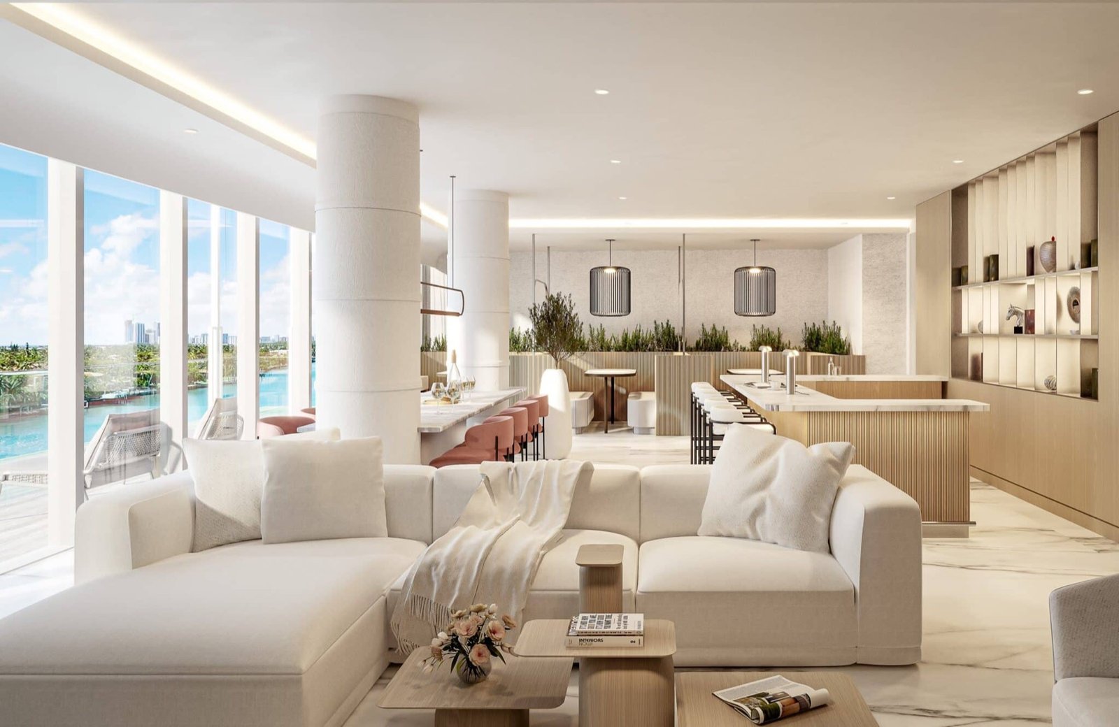 La Baia South, Bay Harbor Islands — salón con asientos tipo sofá y una barra, render del desarrollador