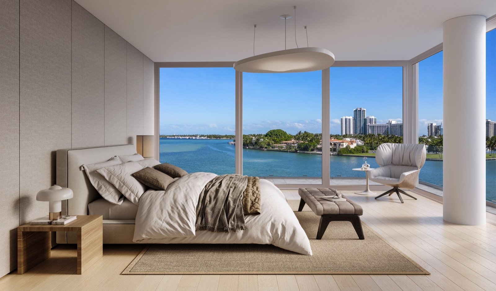- La Maré Signature Collection La Maré Signature Collection, Bay Harbor Islands — recámara con vista a la bahía, render del desarrollador
